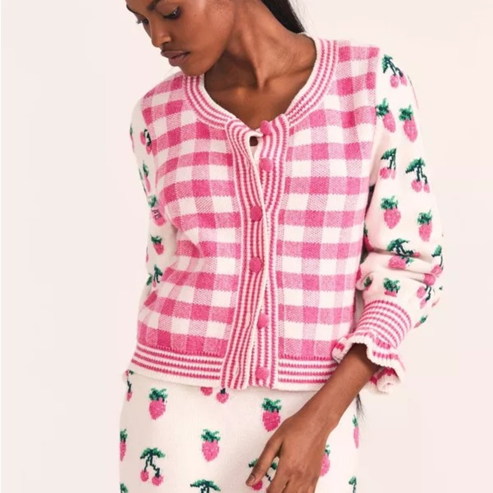 LoveShackFancy Pink and White Checkered Cardigan